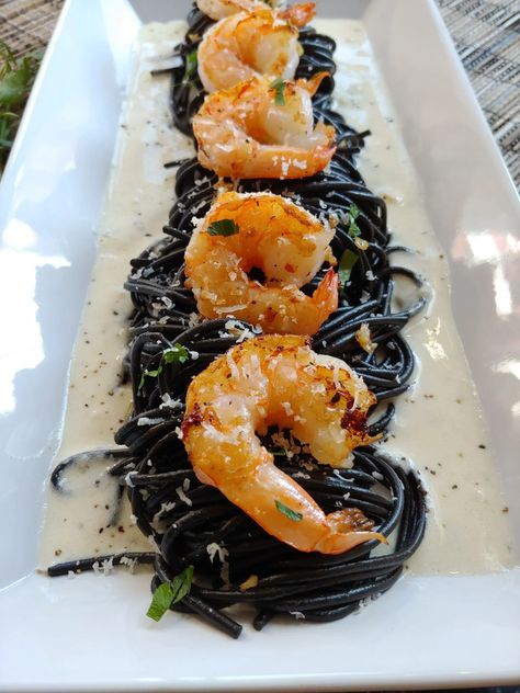 Squid Ink Pasta Recipe, Dinner Date Aesthetic, Ink Pasta, Pasta With Shrimp, Squid Ink Pasta, Octopus Recipes, Sauteed Shrimp, Homemade Noodles, Shrimp Pasta