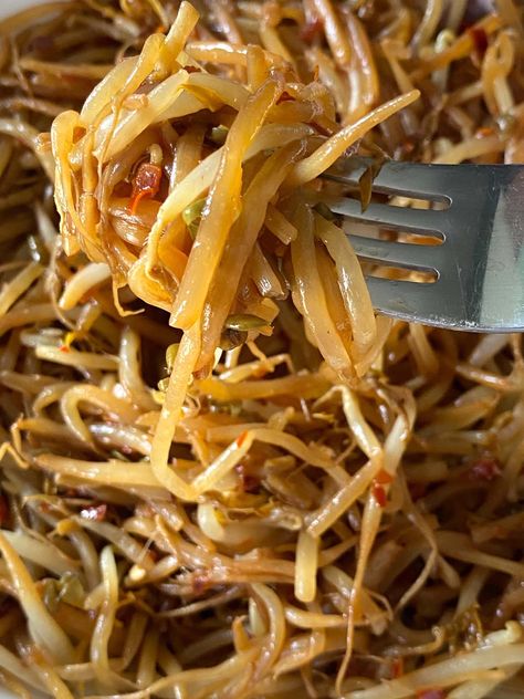 These sauteed bean sprouts are amazing! If you are looking to learn how to cook bean sprouts, this is the easiest way to cook them! Just put raw bean sprouts on a frying pan, add oil and seasonings and they'll cook to perfection in 5 minutes! Sauteed Bean Sprouts Recipe, Bean Sprouts Recipe, Bean Sprout Recipes, Bean Sprout Salad, Fried Beans, Sprouts Recipe, Whole Roasted Cauliflower, How To Cook Beans, Sprout Recipes