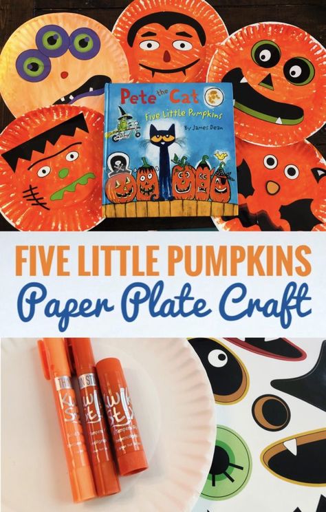 Check out this fun paper plate craft to go along with Pete the Cat's Five Little Pumpkins book. It's really cute and easy to create. Five Little Pumpkins Book Inspired Paper Plate Craft #paperplatecrafts #bookcrafts #bookish #preschool #preschoolactivities #halloweenbooks #halloween #craftsforkids #pumpkincrafts Fall Books With Crafts, Pete The Cat Five Little Pumpkins Craft, Pumpkin Book Craft, Halloween Book And Craft Kindergarten, Pete The Cat Halloween Craft, Pete The Cat 5 Little Pumpkins Activity, Halloween Book And Craft, Fall Book And Craft Kindergarten, 5 Little Pumpkins Craft