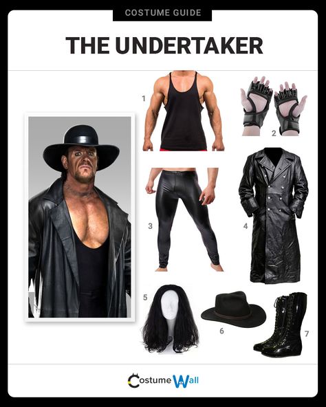 The best costume guide for dressing up as The Undertaker. Cosplay the horror-theme wrestler who is one of the greatest in WWE history. 90s Wrestlers Costumes, Family Wrestler Costumes, Wwe Wrestling Costumes, Wwe Family Costumes, 80s Wrestlers Costume, Undertaker Outfit, Wwe Undertaker Costume, Wwe Costumes Women, Wwe Wrestlers Costumes