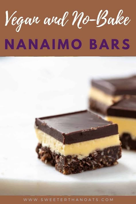 This vegan Nanaimo bar recipe is a delicious and guilt-free sweet option for all vegans out there. Packed with flavour, these Nanaimo bars have the perfect balance of sweetness. The base is made with a combination of crushed cookies, shredded coconut, and chopped walnuts, giving it a delightful crunch. The middle layer is a smooth and creamy vanilla custard and finally, the bars are topped with a rich layer of dairy-free chocolate that adds the perfect finishing touch. Vegan Nanaimo Bars, Nanaimo Bars Recipe, Nanaimo Bar, Nanaimo Bar Recipe, Eggless Cakes, Dessert Vegan, Nanaimo Bars, Healthy Bars, Amazing Food Decoration