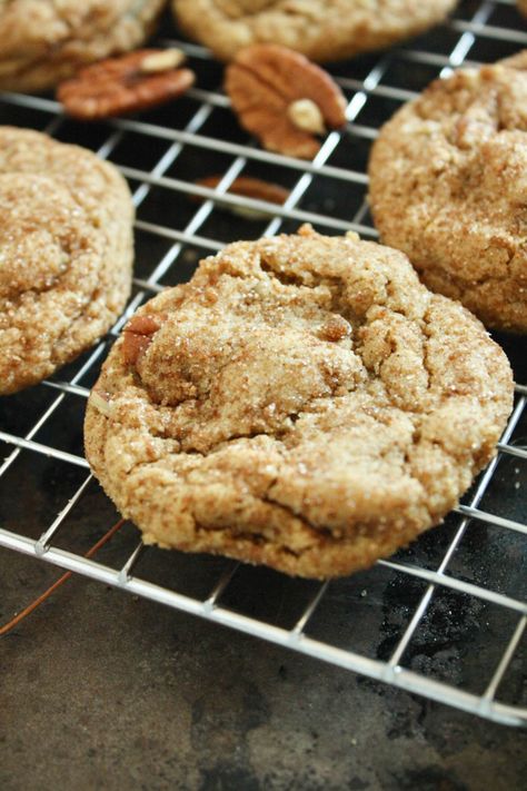 Thick and Chewy Pumpkin Pecan "Snickerdoodle" Cookies - Butternut and Sage Pumpkin Snickerdoodles, Cinnamon Apple Pie, Pecan Desserts, Apple Pie Bars, Pumpkin Pecan Pie, Snickerdoodle Cookies, Pumpkin Spice Syrup, Pecan Cookies, Crinkle Cookies