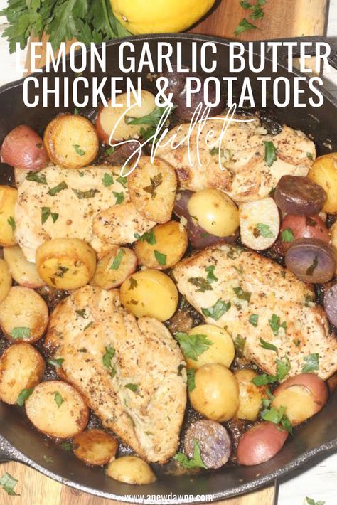 chicken and potatoes in a cast iron skillet Lemon Herb Chicken And Potatoes, Skillet Lemon Herb Chicken And Potatoes, Lemon Chicken And Potatoes Crockpot, Lemon Garlic Chicken And Potatoes, Chicken And Potatoes Recipes Skillet, Chicken Breast With Potatoes Recipes, Chicken And Baby Potatoes Recipes, Chicken Breast Recipes With Potatoes, Chicken Breast And Potatoes Recipes