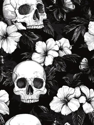 ↑↑↑ Larger size on website 🔸 The image is a black and white pattern of skulls and hibiscus flowers. The skulls are drawn in a det Lily Images, Sakura Bloom, White Illustration, Gothic Aesthetic, Black And White Pattern, Delicate Flowers, Black And White Illustration, Hibiscus Flowers, Floral Illustrations