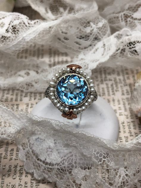 Natural Topaz & Pearl Ring/ Sterling Silver Rose Gold/ 5ct Natural Blue Topaz w/Seed Pearl Victorian Filigree [Made to Order] Design#238 Victorian Filigree, Stock Design, Order Design, Pearl Design, Sterling Silver Filigree, Filigree Ring, Seed Pearl, Gold Flower, Blue Topaz Ring