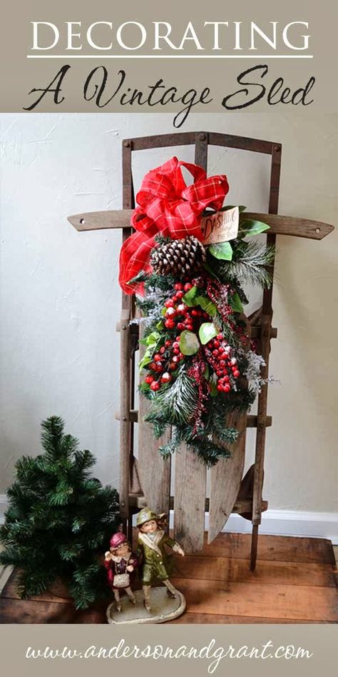 anderson + grant: Decorating a Vintage Sled for Christmas Decorated Sleds, Christmas Sleighs, Christmas Sled Decoration, Sled Decor, Wooden Sled, Vintage Sled, Christmas Sled, Outdoor Christmas Tree, Christmas Sleigh