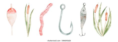 Set of watercolor illustrations of hand drawn float, reed, worm, hook, baubles. Fishing clipart. Camping with his father. Tackle. Isolated over white background. Fishing Hook Illustration, Watercolor Fishing, Fishing Clipart, Fish Clipart, Love Scrapbook, Watercolor Fish, Fish Illustration, Fish Drawings, Watercolor Images