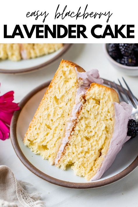 This Lavender Cake is the cake of my dreams, and hopefully yours too! The cake portion is a moist yellow cake, and it's topped with blackberry-lavender whipped cream and mascarpone icing, making it ideal for any special occasion. #cake #lavender #lavendercake #dessert Black Lavender Bundt Cakes, Lavender Blackberry Cake, Lavender Sheet Cake, Mascarpone Icing, Lavender Food, Blackberry Desserts, Cake Lavender, Coconut Flour Cakes, Traybake Cake