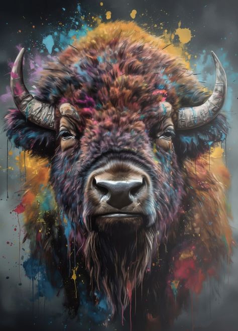 Buffalo Canvas Painting, Bison Art Paintings, Bison Painting Acrylics, Bison Reference, Southwest Art Paintings, Bison Artwork, Bison Painting, Printer Crafts, Buffalo Pictures