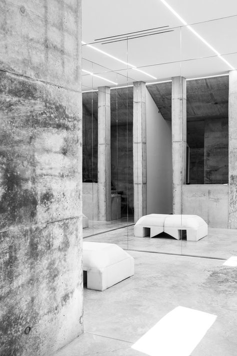 Inside Rick Owens: Furniture at MOCA Pacific Design Center Photos | W Magazine Rick Owens Home, Rick Owens Store, Rick Owens Furniture, Retail Store Design, Hospitality Design, Shop Interiors, Brutalism, Shop Interior, Mode Inspiration