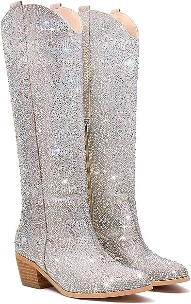 Amazon.com | GOSERCE Women's Rhinestone Knee High Cowboy Boots Western Cowgirl Tall boots for Ladies Pointed Toe Low Chunky Stacked Heel 5cm Pull On Tabs with Side Zipper Wide Calf Shiny Sparkle Glitter Fashion Boots Party Retro Classic Silver,8 | Knee-High Tall Western Boot, 12th Tribe, Glitter Boots, Western Boot, Pull On Boots, Cowboy Boot, Mid Calf Boots, Tall Boots, Cowgirl Boots