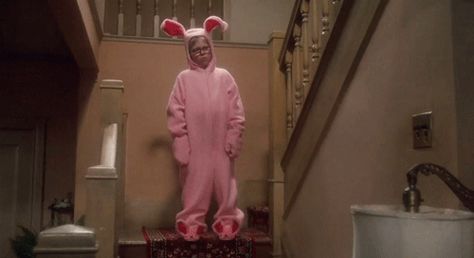 It's probably because his parents gifted him this ridiculous bunny costume, which would make anyone more than a little uneasy. Christmas Movie Quotes Funny, Peter Billingsley, Christmas Story Movie, Funny Christmas Movies, Christmas Movie Quotes, Rabbit Clothes, Holiday Movies, Big Blue Nation, Go Big Blue