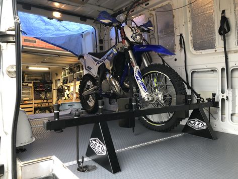 Using the Bolt It On Motorcycle Rack in the Sprinter Moto Van Conversion. This model will haul two motorcycles. You can haul many more with different attachments. Sprinter Van Conversion Layout, Sprinter Van Build, Moto Van, Mercedes Sprinter Camper Van, Van Conversion Layout, Sprinter Rv, Custom Mercedes, Mercedes Sprinter Camper, Custom Camper Vans