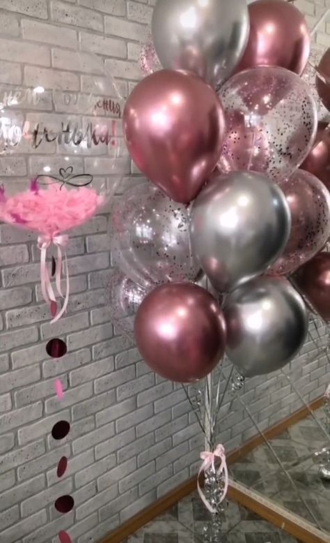 Pink Gold And Silver Birthday Party, Silver And Pink Decor, Pink Silver Balloons, Pink And Silver Balloons, Rose Gold Party Theme, Birthday Room Surprise, Gold Balloons Decorations, 18th Party Ideas, Pink Birthday Decorations