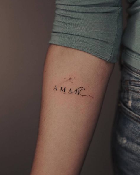 Tattoo of the word "amar" located on the inner forearm. Amar Tattoo, North Star Tattoos, Shooting Star Tattoo, Star Tattoo Meaning, Inner Forearm, Celestial Tattoo, Stylish Tattoo, Star Tattoo Designs, Beach Friends