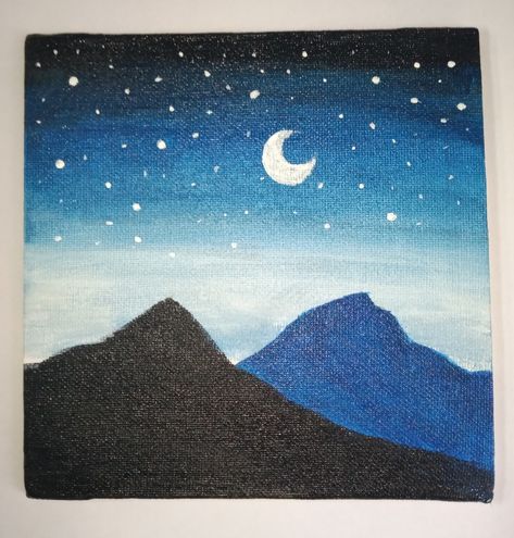 Acrylic painting of evening sky on mountain with black and blue colour Mountain Silhouette Painting, Night Mountain Painting, Evening Sky Painting, Mountains Art Painting, Mountain Painting Acrylic, Bible Painting, Moon In The Sky, Mountain Silhouette, Mountain Painting