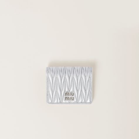 Silver Small matelassé nappa leather wallet | MIU MIU Miu Miu Handbags, Metal Lettering, Small Leather Wallet, Leather Passport Holder, Jeweled Earrings, Miu Miu Wallet, Lettering Logo, Pocket Wallet, Small Wallet