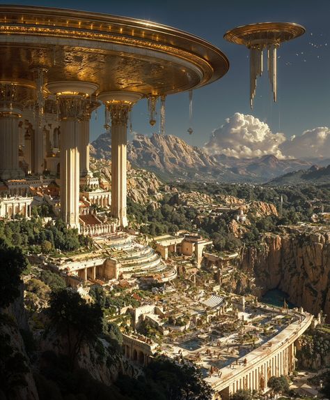 Ancient Cities Art, Hydropunk City, Scifi Building Concept Art, Futuristic Kingdom, Modern Fantasy Aesthetic, Cliffside City, Air Kingdom, Scifi Landscape, Ancient Future