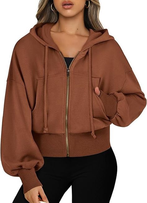 ANRABESS Women's Zip Up Cropped Hoodies Casual Sweatshirts Full Zip Crop Jacket With Pockets 2024 Fall Fashion Y2k Clothes Brown Medium at Amazon Women’s Clothing store Zip Up Jacket Outfit, Casual Fashion Fall, Zip Up Sweater Outfit, Goal Outfits, Clothes Brown, Turtle Costume, Aesthetic Tops, Fashion Fall Outfits, Brown Zip Ups