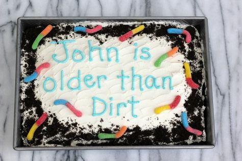 Older Than Dirt Birthday Cake from Me and My Pink Mixer Older Than Dirt Cake Recipe, Dirt Birthday Cake, Older Than Dirt Cake, 40th Birthday Bbq, Dirt Cake Recipe, Older Than Dirt, Dirt Cake Recipes, Candy Bar Posters, Mom Birthday Crafts