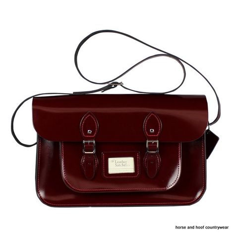 Traditional Handmade British Vintage Leather Satchel - Patent Oxblood Red Our 15-inch satchel is similar to the 14-inch in the sense that it is Red Messenger Bag, Vintage Leather Satchel, Red Satchel, Oxblood Leather, Oxblood Red, Apple White, Leather Artisan, Needful Things, Cambridge Satchel Company