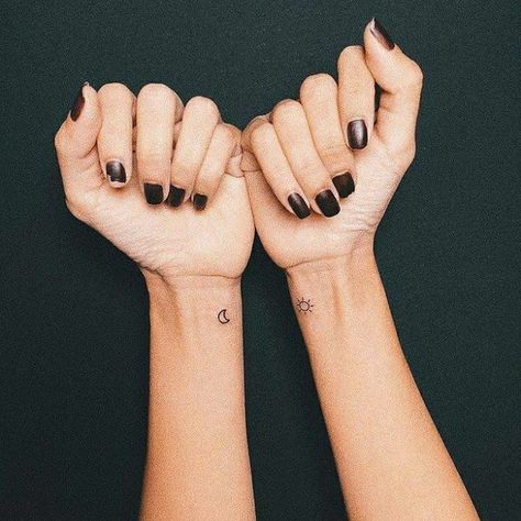 Sun And Moon Tattoo On Wrist, Tiny Sun Tattoo Wrist, Sun On Wrist Tattoo, Sun Moon Wrist Tattoo, Sun And Moon Wrist Tattoo, Sun Tattoo Wrist, Tiny Sun And Moon Tattoo, Left And Right Tattoos, Sun Wrist Tattoo