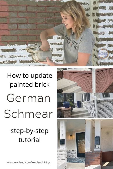 How to update old painted brick with this DIY German Schmear technique! #germanschmear #mortarwash #updatedbrick #historichomeexterior German Smear Painted Brick, How To German Smear Brick Exterior, Limewash Vs German Smear, Diy German Smear Brick Exterior, How To German Schmear Brick Fireplace, German Smear Brick Exterior Before After, How To German Smear Brick, German Shmere Brick Fireplace Diy, Painted Brick Patio