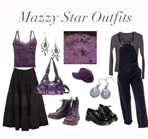 Mazzy Star Fashion, Mazzy Star Purple Outfits, Mazzy Star Clothes, 90s Looks Grunge, Shoegaze Clothes, Purple Star Outfit, Rock Music Outfit, Purple Outfit Board, Mazzy Star Inspired Outfit