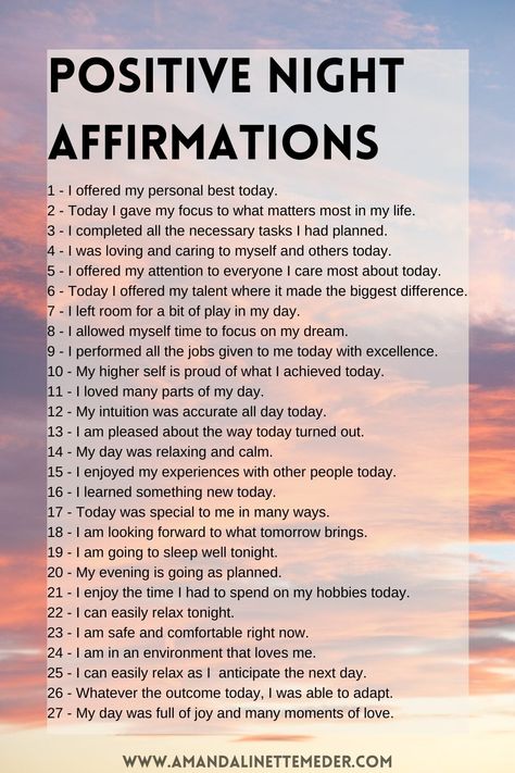 Photo of sunset with text overlay of affirmations from attached link. Postive Afframations Night, Nightly Affirmations, Night Affirmations Before Sleep, Evening Affirmations, Bedtime Affirmations, Night Affirmations, Class Quotes, Gratitude Journal Prompts, Have A Good Night