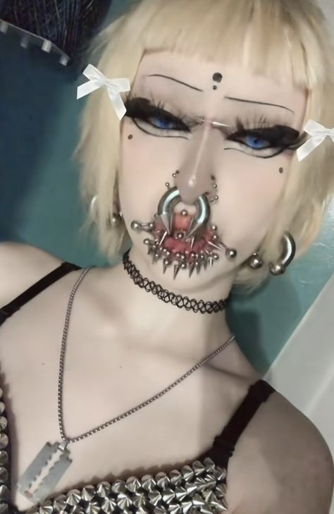 Body Modification Aesthetic, 00g Septum, Persings Face, Body Mods Extreme, Split Tongue Aesthetic, Stretched Septum Piercing, Gauges Aesthetic, Lots Of Piercings, Mod Photoshoot