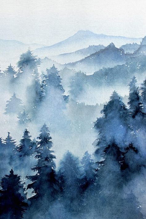 Blue Monochrome Painting, Monochrome Watercolor Paintings, Watercolour Monochrome, Monochrome Art Painting, Fog Drawings, Watercolor Art Blue, Blue Landscape Painting, Watercolor Monochrome, Blue Watercolor Art