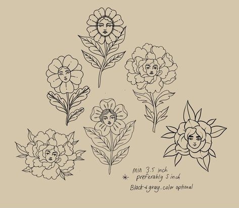 Flash Art Flowers, Folk Animal Tattoo, Flower Body Drawing, Floral Piece Tattoo, Traditional Inspired Tattoos, Face In Flower Tattoo, Flower People Tattoo, Flowers With Faces Tattoo, Top Of Wrist Tattoos Traditional