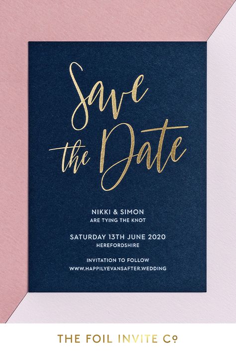 Gold Foil Wedding Save the Dates | Announce your wedding day with these stylish Save the Dates featuring a modern foiled design. Available as classic cards or elegant save the date magnets. #WeddingIdeas #WeddingPlanning #WeddingDay #GoldFoil Navy Save The Date Ideas, Save The Date Card Ideas, Gold Wedding Invitations Elegant, Elegant Save The Date, Stationary Ideas, Mums Birthday, Gold Wedding Colors, Studio Poses, Gold Foil Wedding