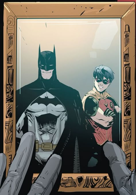 Jason Todd still has the picture. Batman and Robin Bruce Wayne  Red Hood and the Outlaws Rebirth Batman And Robin Movie, Robin Joker, Jason Todd Robin, Robin Comics, Univers Dc, 얼굴 그리기, Red Robin, Batman Comic Art, Batman Universe