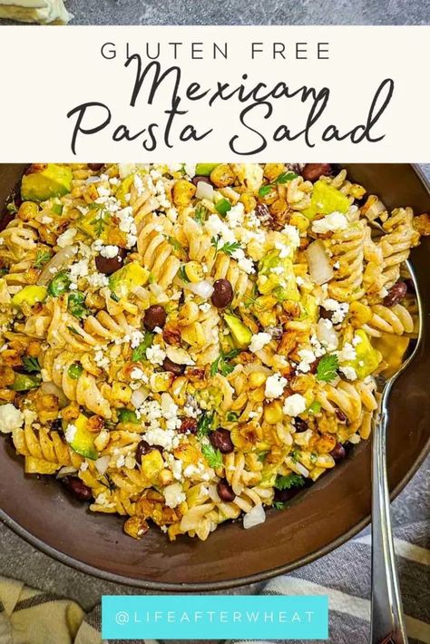 Easy Mexican Salad, Mexican Salad Dressing, Gluten Free Pasta Salad Recipes, Mexican Pasta Salad Recipes, Mexican Salad Dressings, Corn Queso, Gluten Free Mexican, Mexican Pasta Salad, Gluten Free Pasta Salad