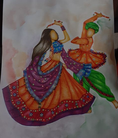 Gujarat Traditional Dress Illustration, Garba Drawing Sketch, Gujarat Theme Decoration, Gujarat Illustration Art, Gujarat Culture Drawing, Gujarat Traditional Dress, Garvi Gujarat Drawing, Gujarat Drawing, Gujarat Illustration