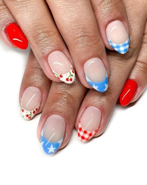 fourthof july nails | 4th of july nails | almomd shape nails | red white and blue nails | star design nails | oval shape | independence day nails | american flag nails | french tip nails | gel | gel x | acrylic | nail art Nails Fireworks, Fireworks Nails, Nails 4th Of July, Stripes Nails, American Flag Nails, Nails Star, Flag Nails, America Nails, Patriotic Nails