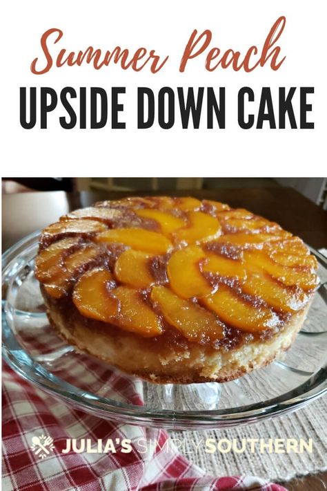 Moist and delicious peach upside down cake recipe with fresh summer peaches. This easy dessert uses self rising flour and bakes in under an hour. Enjoy this dessert warm or room temperature, with a scoop of vanilla ice cream if desired. #Dessert #Peach #SouthCarolina #SummerPeaches #peachcake #SouthernPeachUpsideDownCake #EasyBaking #southernfood #southernrecipes #juliassimplysouthern Dessert Peaches, Baked Pies, Peach Upside Down Cake, Skillet Cake, Peach Desserts, Peach Cake, Weekend Meals, Dessert Dips, Canned Peaches