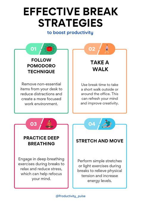 Effective Break Strategies to Boost Your Productivity Throughout the Day The Pomodoro Technique, Work Performance, Trippy Visuals, Pomodoro Technique, Email Marketing Template, Deep Breathing, Taking A Walk, Light Exercise, Todo List