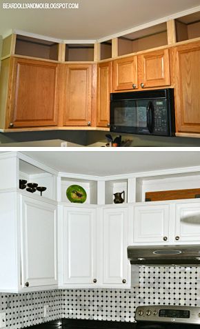 Kitchen before and after utilizing the space above cabinets and painting them. Remodeled Furniture, Above Cabinets, Above Kitchen Cabinets, Kitchen Diy Makeover, New Kitchen Cabinets, Kitchen Cabinets Makeover, Kitchen Upgrades, After Pictures, Diy Kitchen Cabinets