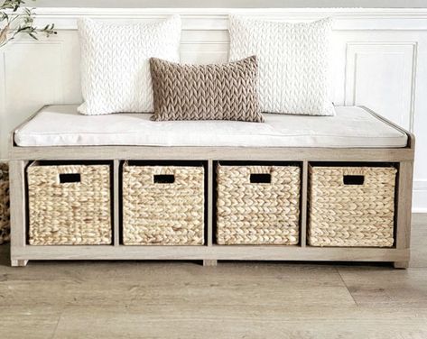 Under Window Storage Bench Bedroom, Long Bench Seating Living Rooms, Baskets Under Bench, Long Storage Bench, Storage Bench Entryway, Entryway Bench With Baskets, Entryway Bench With Baskets Underneath, Bench With Baskets Underneath, Window Seat With Basket Storage