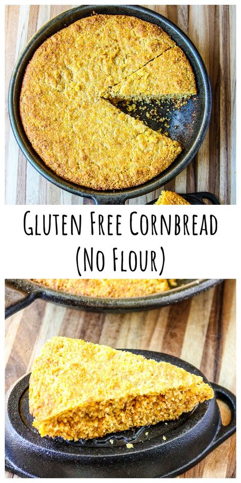 Gluten free cornbread in a cast iron skillet. Cornbread No Flour, Flourless Cornbread Recipe, Cornbread Recipe Without Flour, Traditional Cornbread Recipe, Gluten Free Cornbread Recipe, Zucchini Cornbread, Cornmeal Recipes, Easy Cornbread, Homemade Sandwich Bread