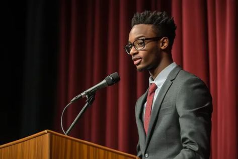 ↑↑↑ Larger size on website 🔸 A young man in a gray suit and a red tie is speaking into a microphone at a podium. He is wearing gl Focused Expression, Scene Ideas, Red Curtains, Public Speaker, Red Tie, Wearing Glasses, Gray Suit, Public Speaking, Speaker