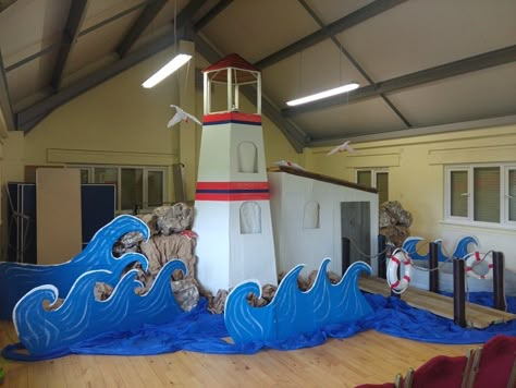 Vbs Ocean Theme, Lighthouse Theme, Ocean Vbs, Diy Lighthouse, Vacation Bible School Craft, Lifeway Vbs, Under The Sea Decorations, Ocean Theme Classroom, Vbs Themes