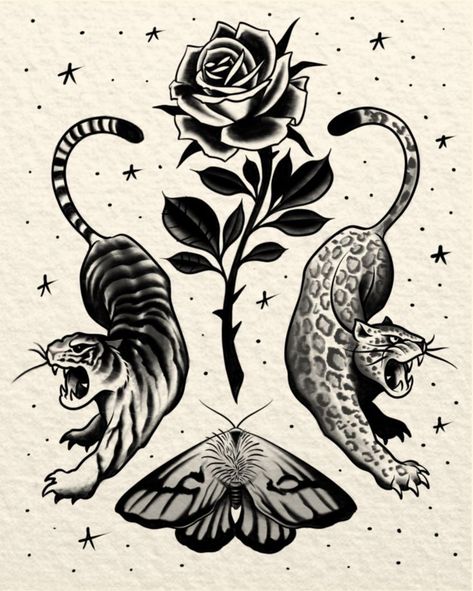 Tattoo flash with a tiger, jaguar, moth and rose Tiger And Jaguar Tattoo, Traditional Jaguar Tattoo, Tiger Stomach Tattoo, Tiger Tattoo Back, Jaguar Tattoo, Jaguar Leopard, Panther Tattoo, Skeleton Tattoos, Black Jaguar