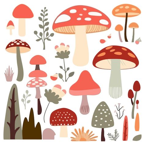 Simple Mushroom Illustration, Mushroom Vector Illustrations, Mushroom Pictures Art, Mushroom Illustration Art, Cute Mushroom Illustration, Toadstool Doodle, Cute Mushrooms Drawing, Shroom Illustration, Painted Mushrooms Ideas