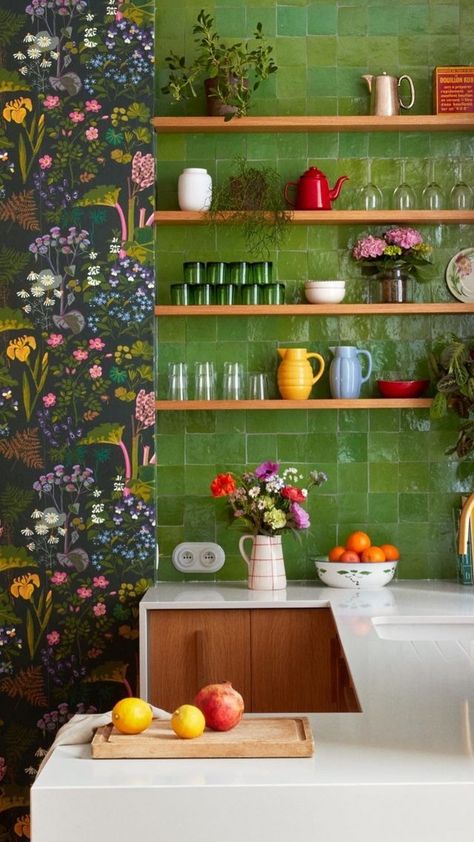 Stories • Instagram Tropical Townhouse, Eccentric Kitchen, Green Tiles, Eclectic Kitchen, Boho Kitchen, Apartment Decor Inspiration, Kitchen Inspo, Apartment Kitchen, Tiny Kitchen