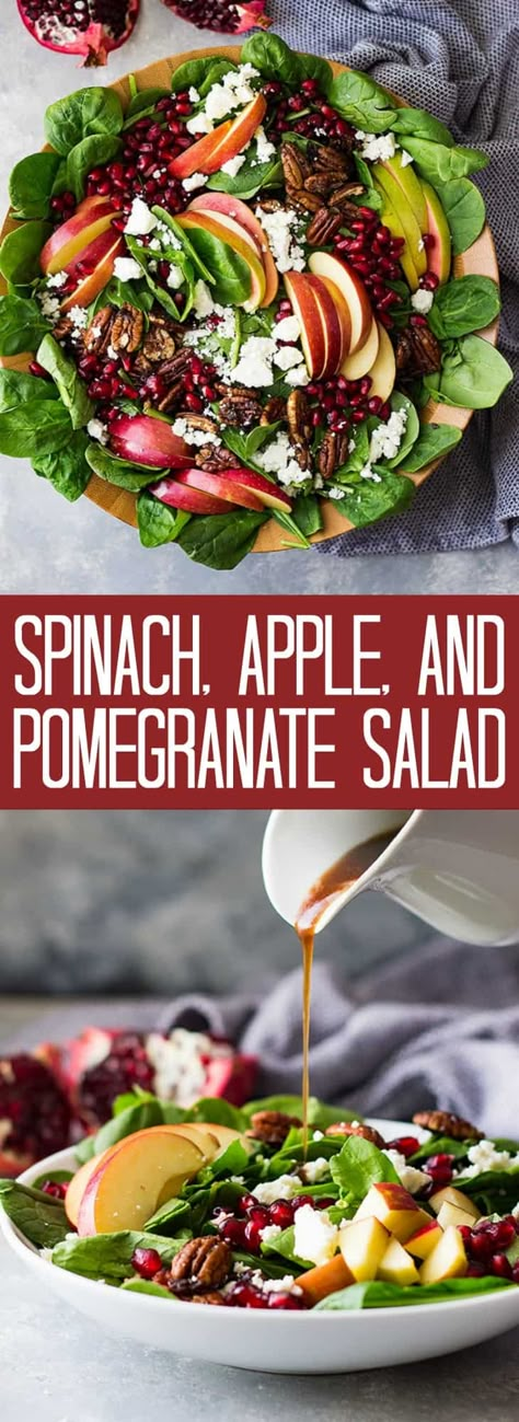 Pomegranate Apple Salad, Pomegranate Recipes Salad, Salad With Spinach, Pomegranate Recipes, Pomegranate Salad, Harvest Salad, Pecan Salad, Apple Salad, Homemade Dressing