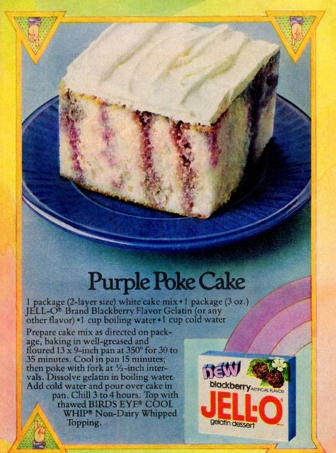 Purple Jell-O poke cake recipe (1978) - #jello #cake #cakes #cakerecipes #jellorecipes #vintagerecipes #purplecake #blackberry #desserts #vintagedesserts #clickamericana Rainbow Poke Cake, Raspberry Poke Cake, Jello Poke Cake, Poke Cake Jello, Poke Cake Recipe, Jello Cake, Poke Cake Recipes, Poke Cakes, Jello Recipes