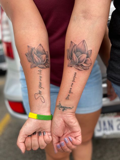 Mom And Daughter Tattoos She Gave Me Life, Tattoo Idea For Mother And Daughter, Word Tattoos For Mom And Daughter, Daughter Mother Tattoos Ideas, Single Mother And Daughter Tattoo, Som Tattoo For Mom, Mother And Daughter Quotes Tattoos, Sister From Another Mother Tattoo, Mum Quotes From Daughter Tattoo